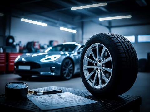 Wintercheck in der Werkstatt bei Autochampion24 – Reifen & Technik im Fokus Winterreifen auf Felge mit Luftdruckprüfer und Checkliste in moderner Werkstatt, Auto im Hintergrund