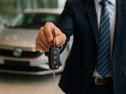 Schlüsselübergabe beim Autokauf – jetzt Traumauto finden mit Autochampion24 Autoverkäufer in Anzug übergibt symbolisch einen Autoschlüssel – im Hintergrund ein Neuwagen im Autohaus.