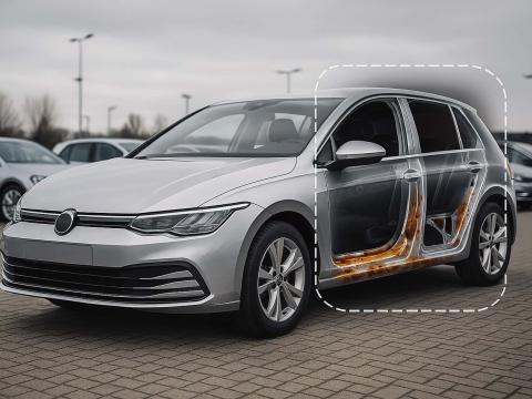 Rostgefahr trotz Neuwagen – ungeschützte Hohlräume sichtbar gemacht Silberner Neuwagen mit eingeblendeter Röntgenansicht zeigt versteckten Rost im Türbereich