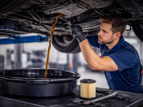 Ölwechsel in der Werkstatt – Mechaniker lässt Motoröl aus dem Fahrzeug ab und tauscht den Ölfilter bei Autochampion24 in München