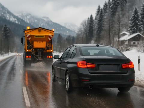 Streusalz, eine Belastung für den Unterboden – Ein professioneller Unterbodenschutz schafft Abhilfe Auto auf winterlicher Straße in Südbayern hinter Streuwagen – nasse Fahrbahn und Schneereste bei kaltem Wetter