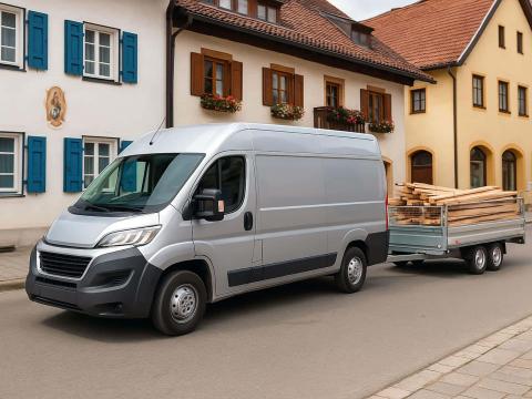 Starre Anhängerkupplung nachrüsten ab 999 € – Autochampion24 Komplettpaket Transporter mit starrem Anhänger und Holzladung – nachgerüstete starre Anhängerkupplung von Autochampion24