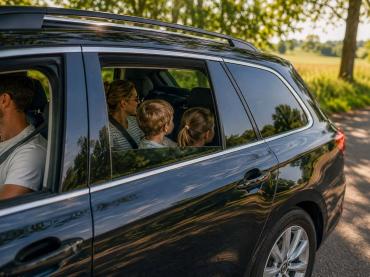 Familie mit Kindern im Fahrzeug, geschützt durch eine hochwertige Scheibentönung gegen Sonne und neugierige Blicke.
