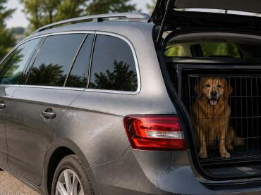 Hund sitzt sicher in einer Transportbox im Kofferraum eines Fahrzeugs mit getönten Scheiben für mehr Sonnenschutz und Hitzeschutz.